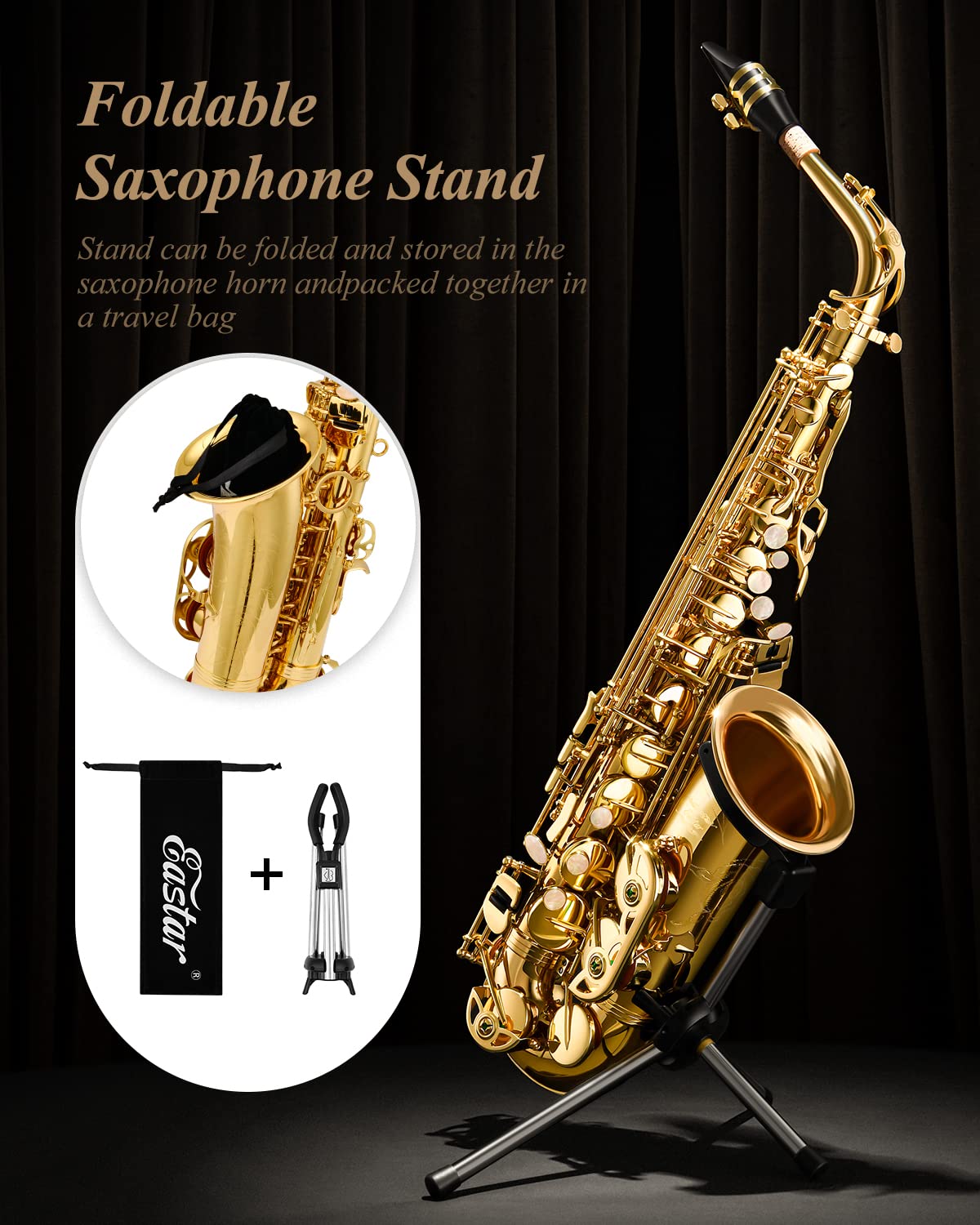 Eastar Student Alto Saxophone E Flat for Beginner Sax Full Kit with Carrying Case, Mouthpiece, Straps, Reeds, Stand, Golden Lacquer, AS-Ⅱ