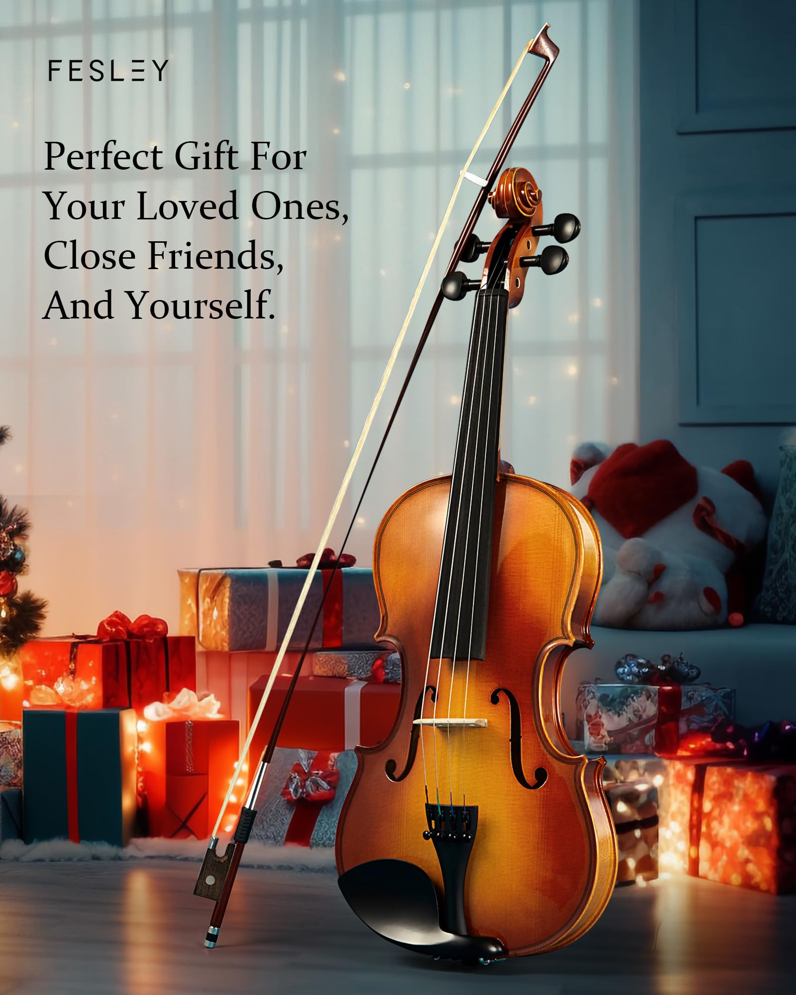 Fesley 4/4 Beginner Violin Kit for Adults & Teens, Full Size Acoustic Violin Set with Hard Case, Bow, Shoulder Rest, Digital Tuner & Extra Strings, Handmade Solid Wood Student Violin