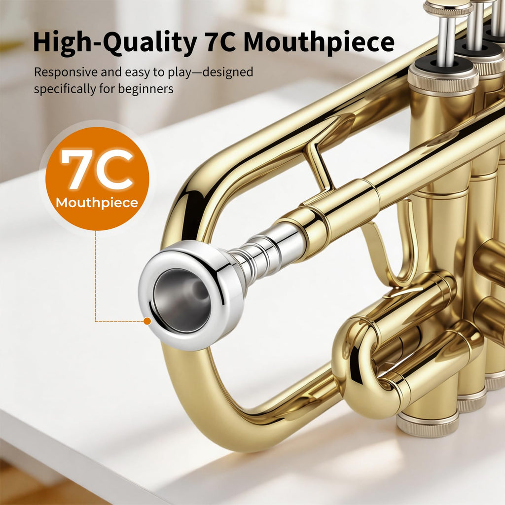 JAMELO Bb Standard Trumpet Set, Brass Trumpet Instrument for Student/Beginner with Carrying Case, 7C Mouthpiece, Cleaning Cloth and Gloves (TP-100, Gold)