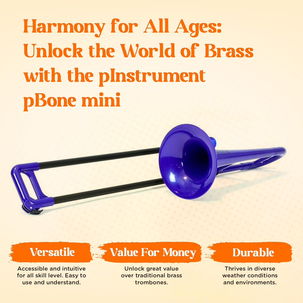 pBone Plastic Kids pBone Mini Trombone - Mouthpiece and Carrying Bag- Lightweight Versatile, Comfortable Ergonomic Grip- Eb Authentic Sound for Student & Beginner- Durable ABS Construction- Blue