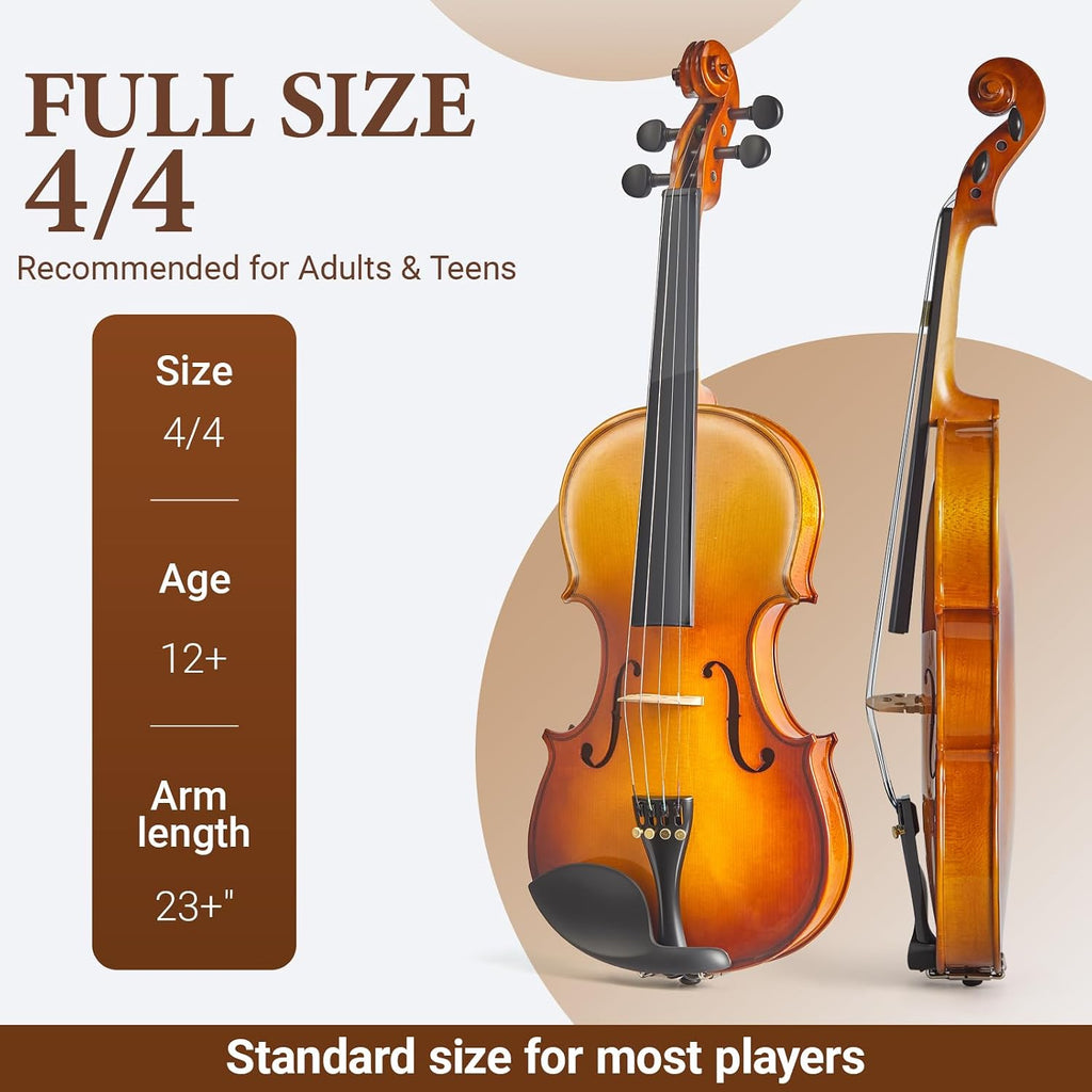 4/4 Full Size Acoustic Violin Set for Adult Beginners, Solid Spruce and Maple, Natural Gloss Finish, Brazilwood Bow, Hard Case, Tuner, Shoulder Rest, Rosin, Extra Strings