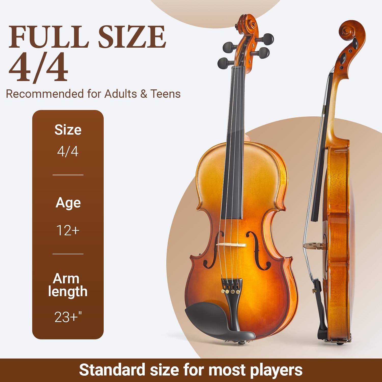 4/4 Full Size Acoustic Violin Set for Adult Beginners, Solid Spruce and Maple, Natural Gloss Finish, Brazilwood Bow, Hard Case, Tuner, Shoulder Rest, Rosin, Extra Strings