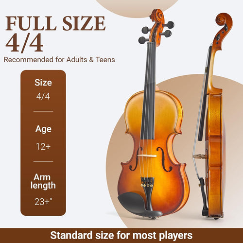 4/4 Full Size Acoustic Violin Set for Adult Beginners, Solid Spruce and Maple, Natural Gloss Finish, Brazilwood Bow, Hard Case, Tuner, Shoulder Rest, Rosin, Extra Strings