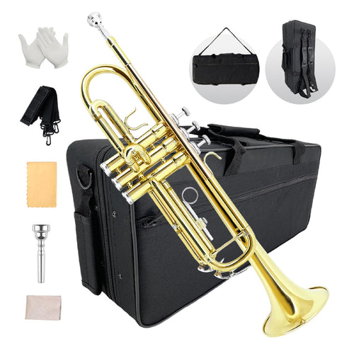 Bb Standard Trumpet Set for Beginners or students trumpet instrument with Carrying Hard Case 7C Mouthpiece Cleaning Cloth Gloves