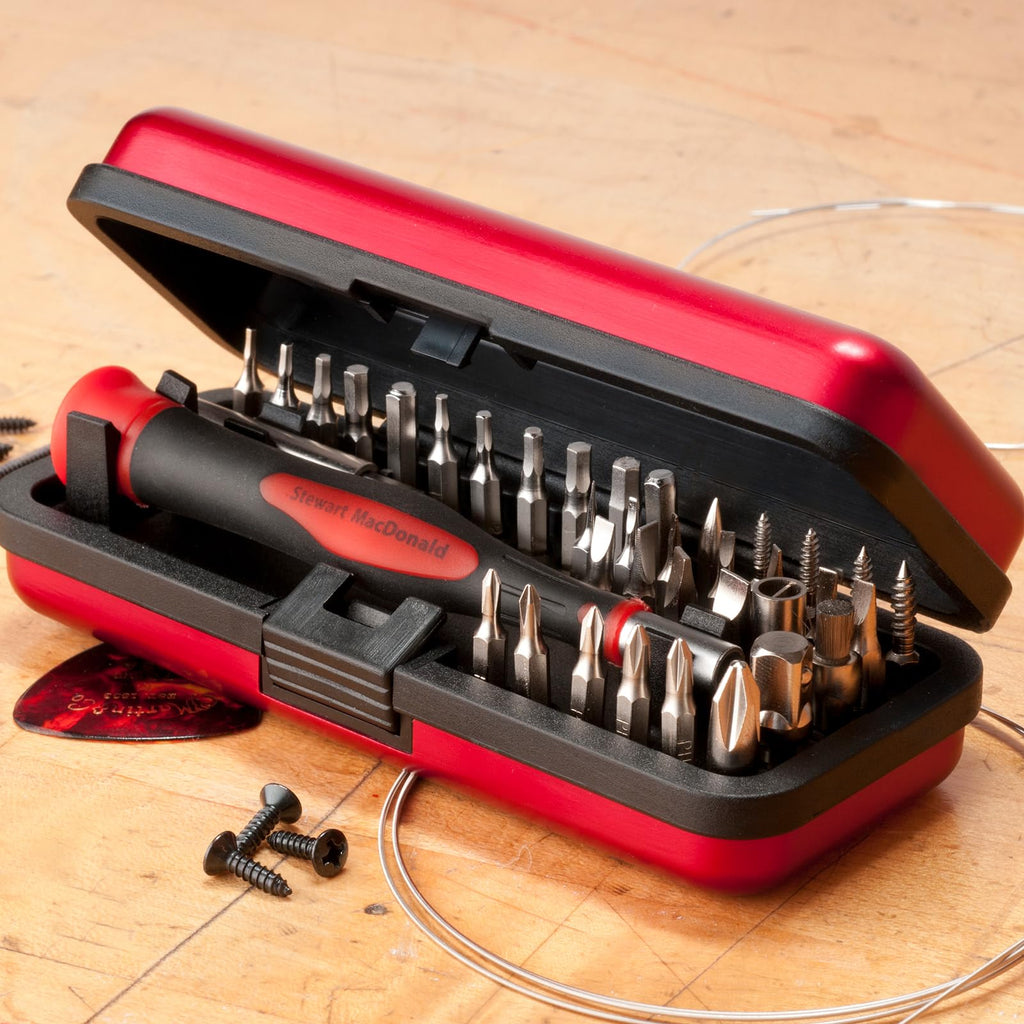 StewMac Guitar Tech Screwdriver Set – 36-Piece Bit Set for Guitar Hardware – Compact No-Spill Case – Magnetic Easy Grip Handle with Extender – Professional Luthier & Repair Tool Kit