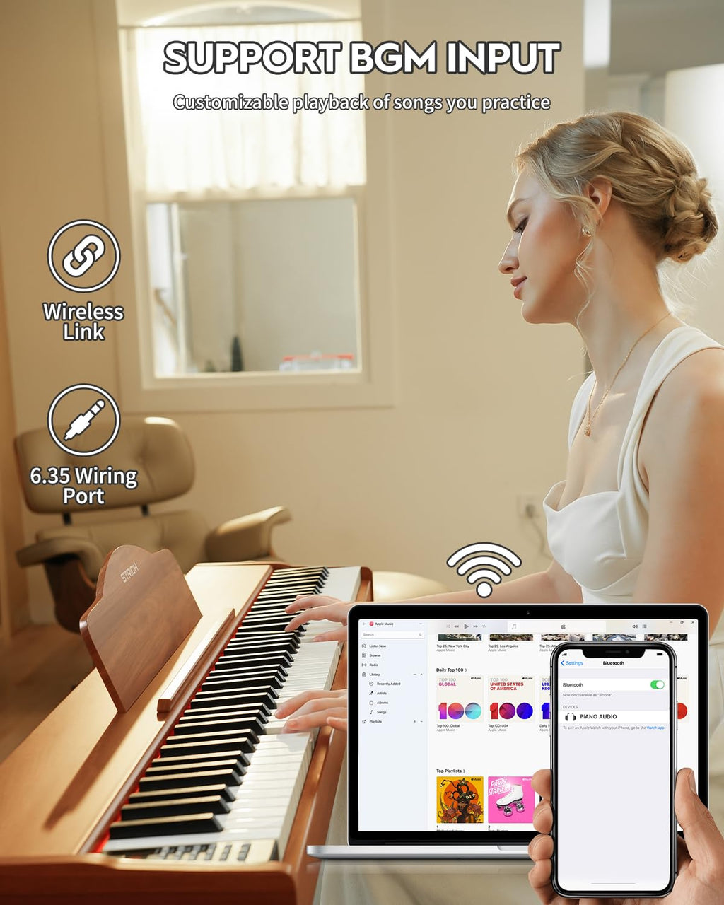 STRICH Digital Piano 88 Keys, Hammer-Action Weighted Keyboard, Full size Electric Piano Keyboard with Furniture Stand, 25Wx2 Speakers, Supports USB-MIDI/Wireless Connect, SDP-300W (Color Walnut Wood)