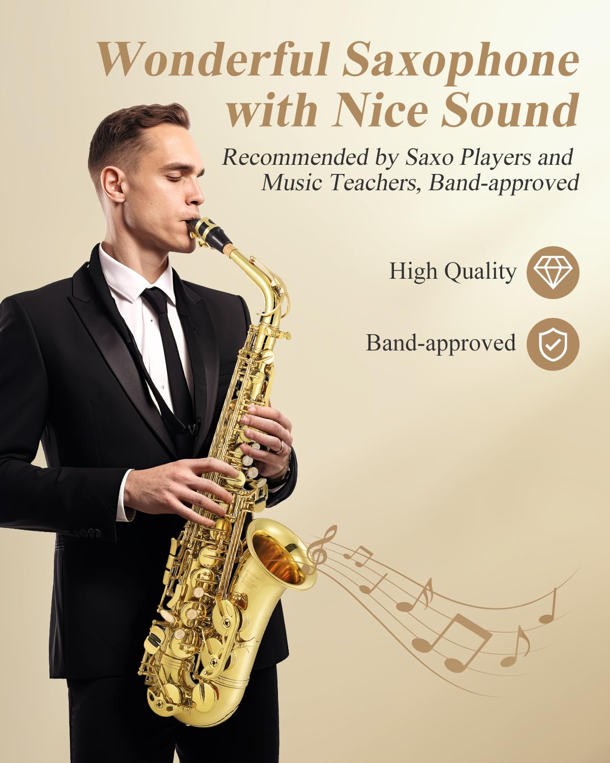 Eastar Student Alto Saxophone E Flat for Beginner Sax Full Kit with Carrying Case, Mouthpiece, Straps, Reeds, Stand, Golden Lacquer, AS-Ⅱ