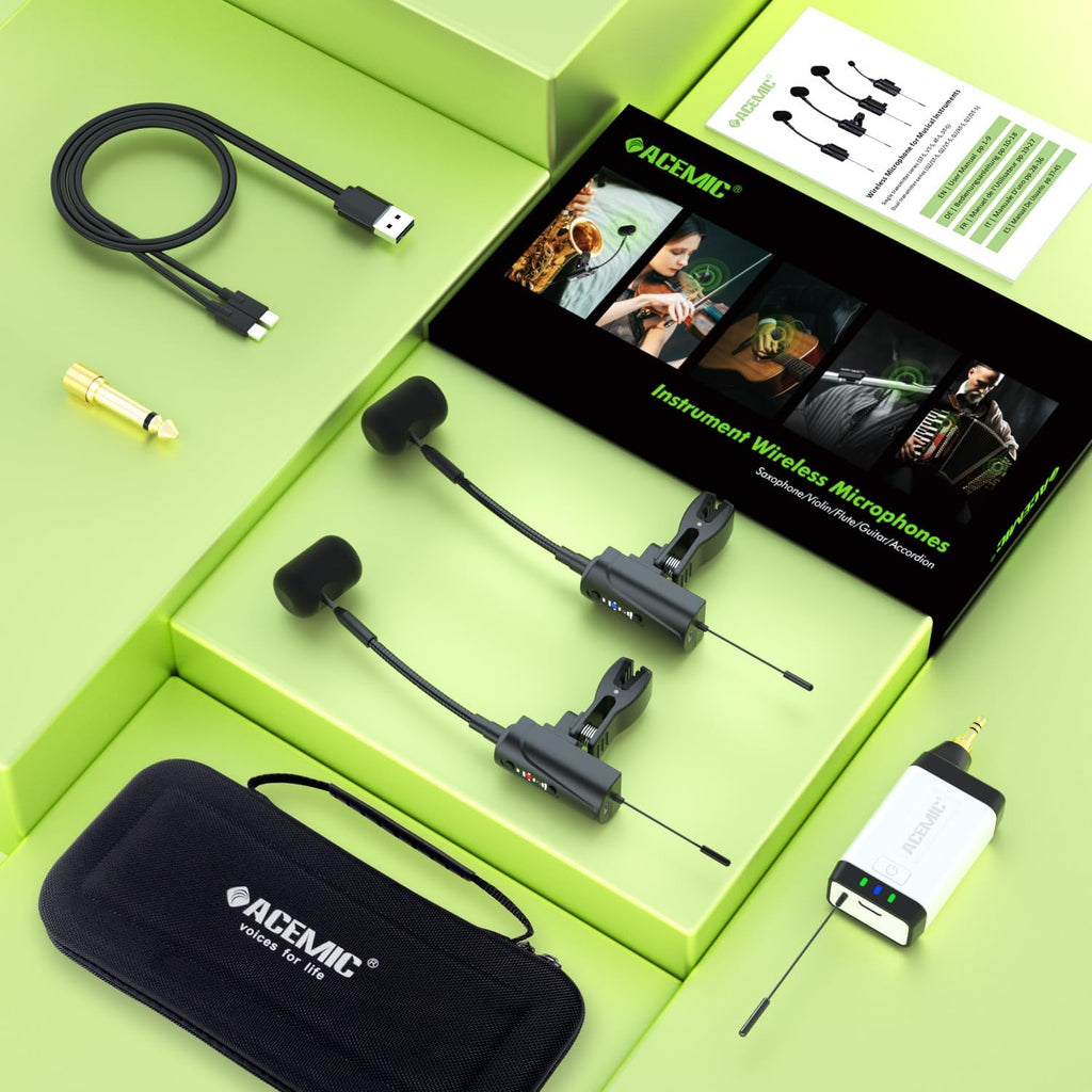 Dual UHF Saxophone Wireless Sax Microphone Instrument UHF Condenser Pick Up Clip-on Mic 1 Receiver and 2 Transmitter System for Saxophone French Horn Trumpet Trumbone,Q2/ST-5