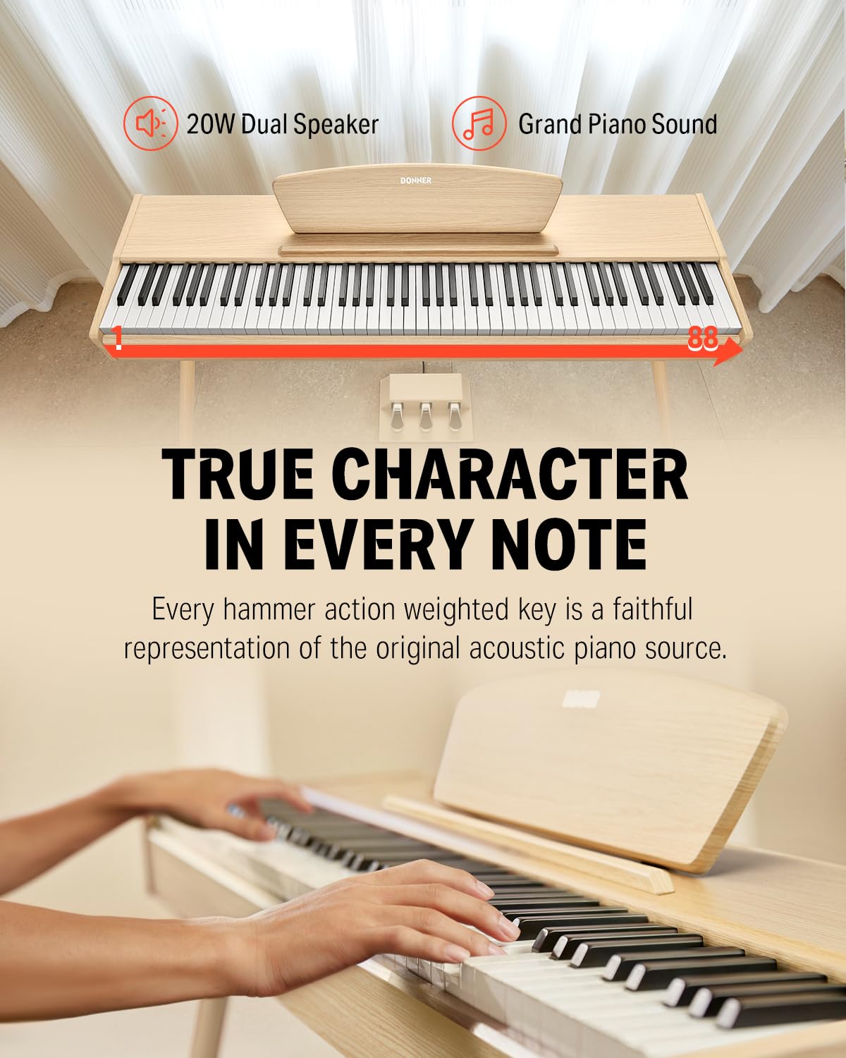 Donner DDP-80 PLUS Digital Piano 88 Key Weighted Keyboard, Home Electric Piano, Supports USB-MIDI & Headphones Connection, Semi-open Cover Designed, with Metal Three Pedal, Power Adapter