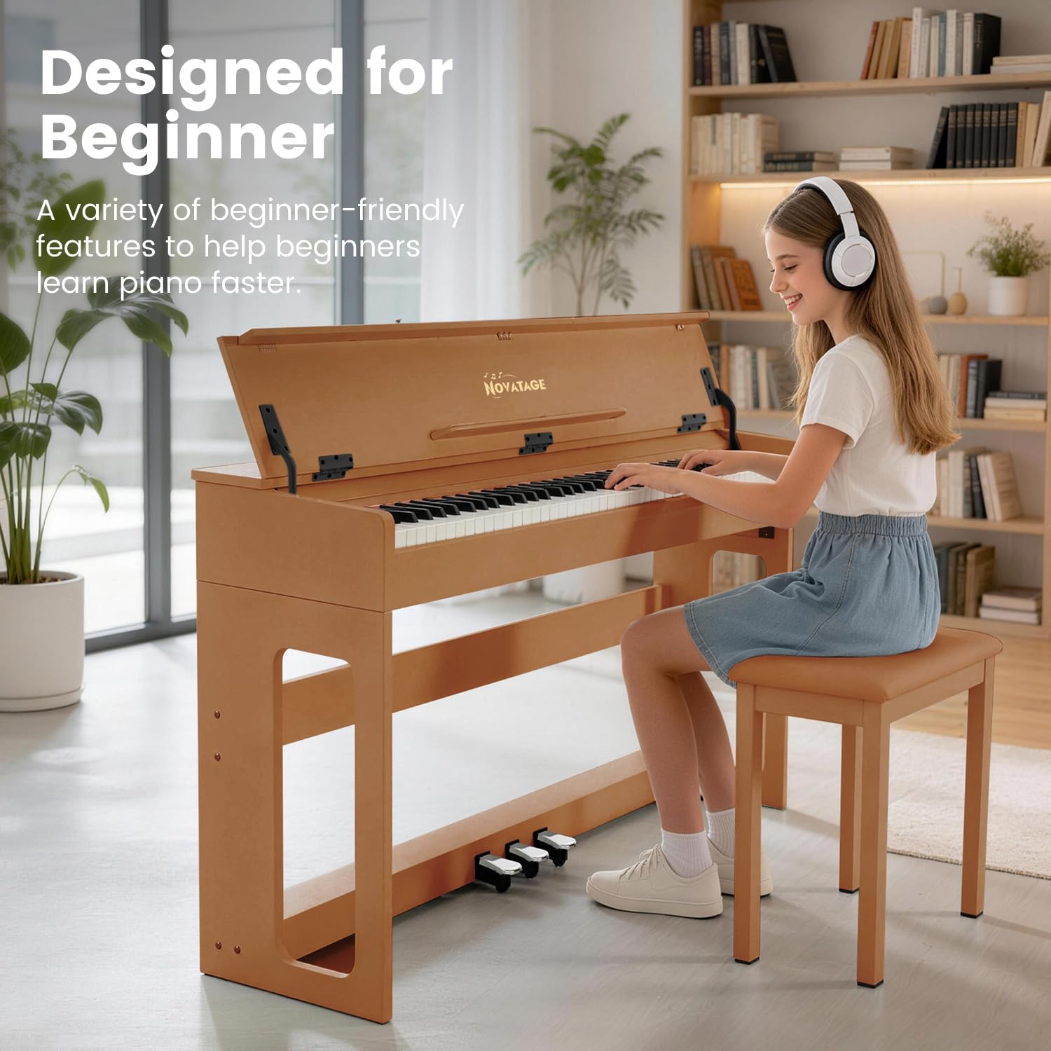 88-Key Weighted Piano Keyboard, Hammer Action Digital Piano with Speakers, Wooden Electric Piano with bench, Triple Pedal, Headphone, cover, Supports MIDI Connecting (Brown)