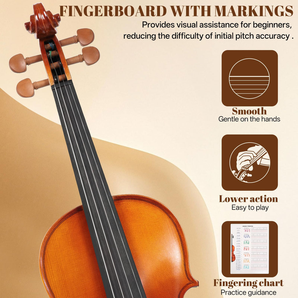 Kmise Violin 4/4 Full Set, Fingerboard Fret Markings Violins, Matte Acoustic Fiddle for Adults, Beginners, Students with Violin Case, Rosin, Strings, Bow, Shoulder Rest, Beginner's Guide (Matte, 4/4)