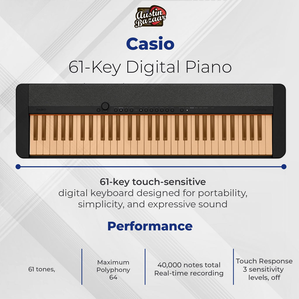 Casio CT-S1 Casiotone 61-Key Portable Keyboard - Black Bundle with Adjustable Stand, Bench, Headphones, Sustain Pedal, Instructional Book, Instructional DVD, and Austin Bazaar Polishing Cloth