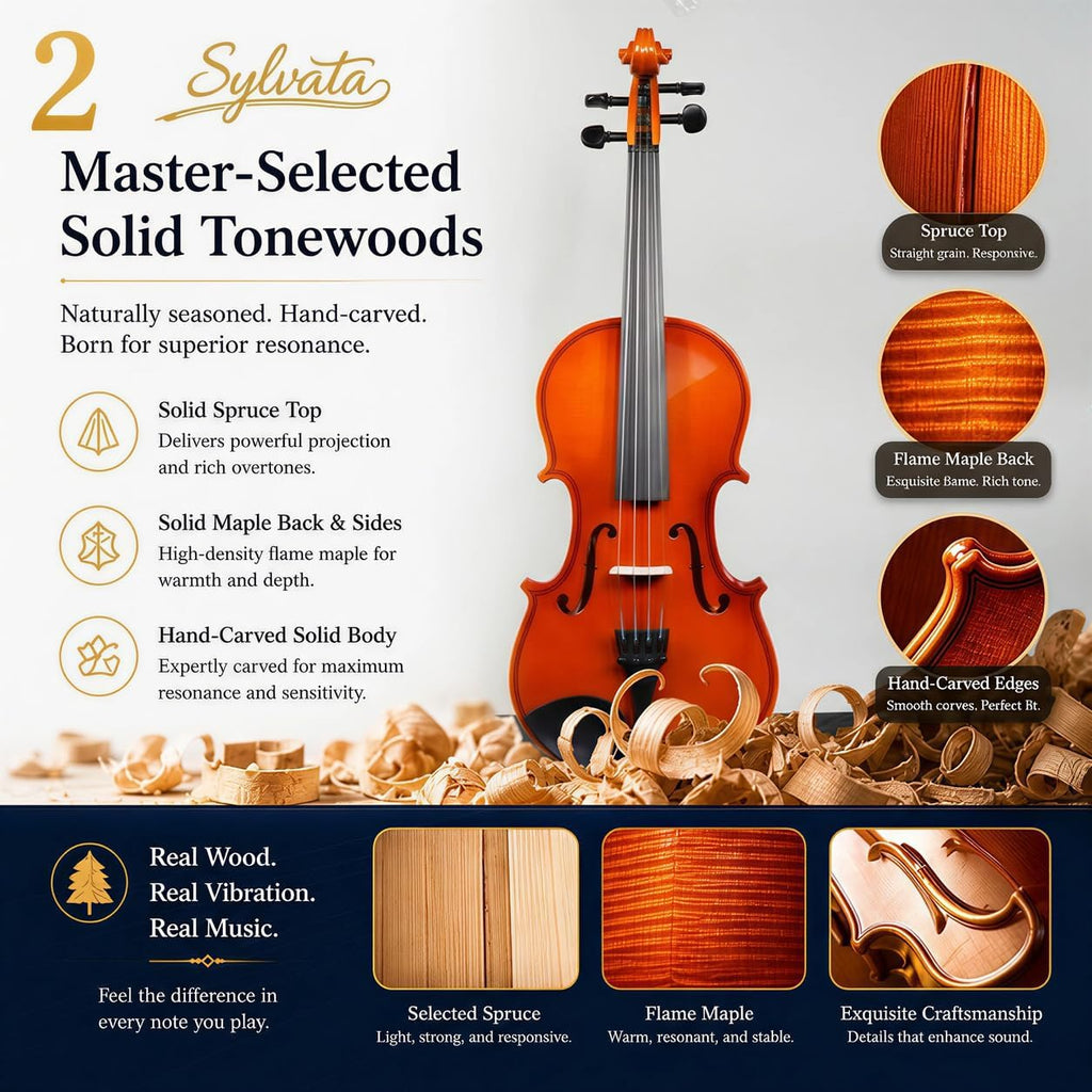 4/4 Full Size Violin Starter Kit, Acoustic Fiddle for Beginners & Students, Tiger-Striped Violin 4/4 Full Size with Ebony Fittings, Includes Alice Bow, 2 Bridges, Tuner, and Case