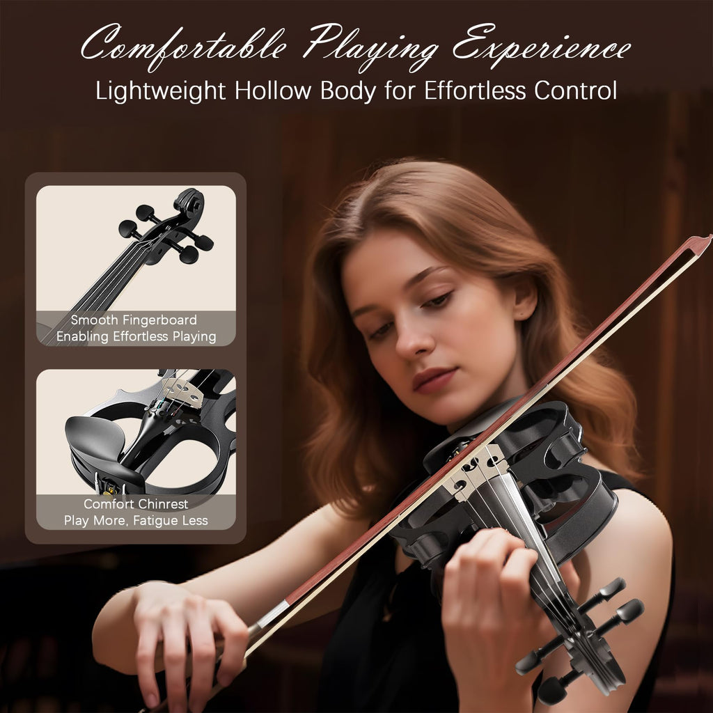 Electric Violin 4/4 Kit, Electric Violin 4/4 Full Size for Adults, Students, Beginner Violins, Full Size Violins Set with Case, Bow, Rosin and Headphones, Black