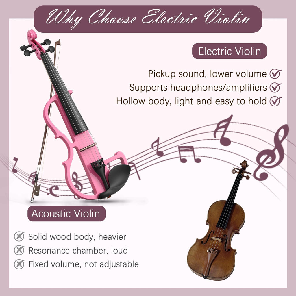 Electric Violin 4/4 Kit, Electric Violin 4/4 Full Size for Adults, Students, Beginner Violins, Full Size Violins Set with Case, Bow, Rosin and Headphones, Black