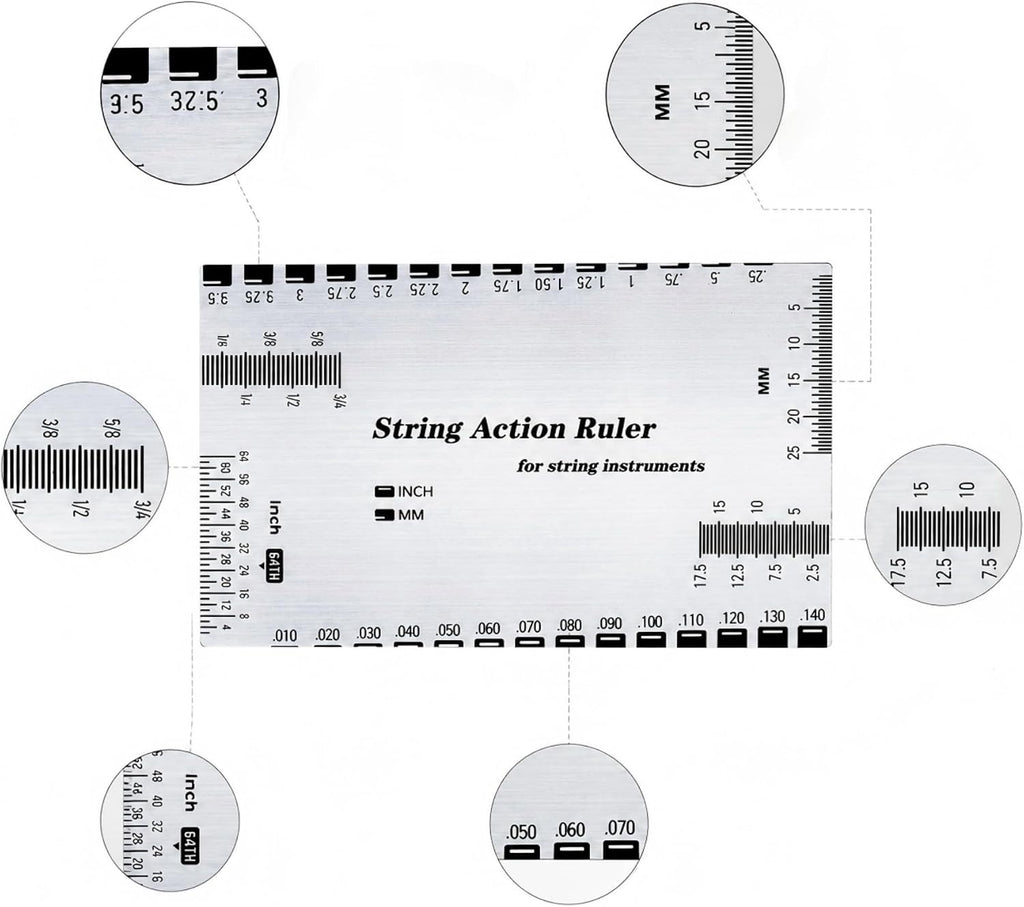 Guitar String Action Ruler, Stainless Steel String Gauge Measuring Tool with Inch & MM Scale for Electric Acoustic Guitar Bass, Precision Luthier Tool with Instruction Manual