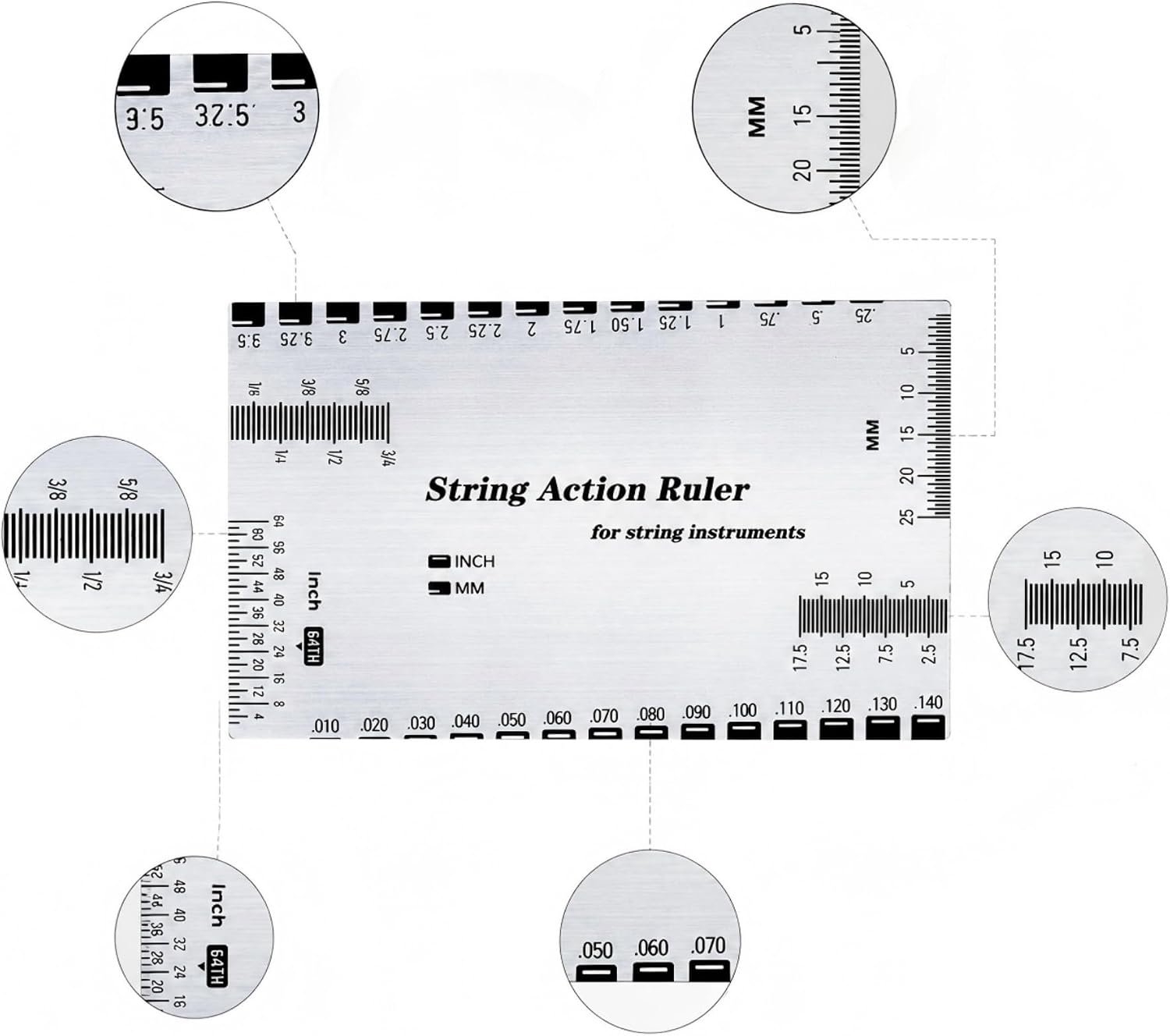 Guitar String Action Ruler, Stainless Steel String Gauge Measuring Tool with Inch & MM Scale for Electric Acoustic Guitar Bass, Precision Luthier Tool with Instruction Manual