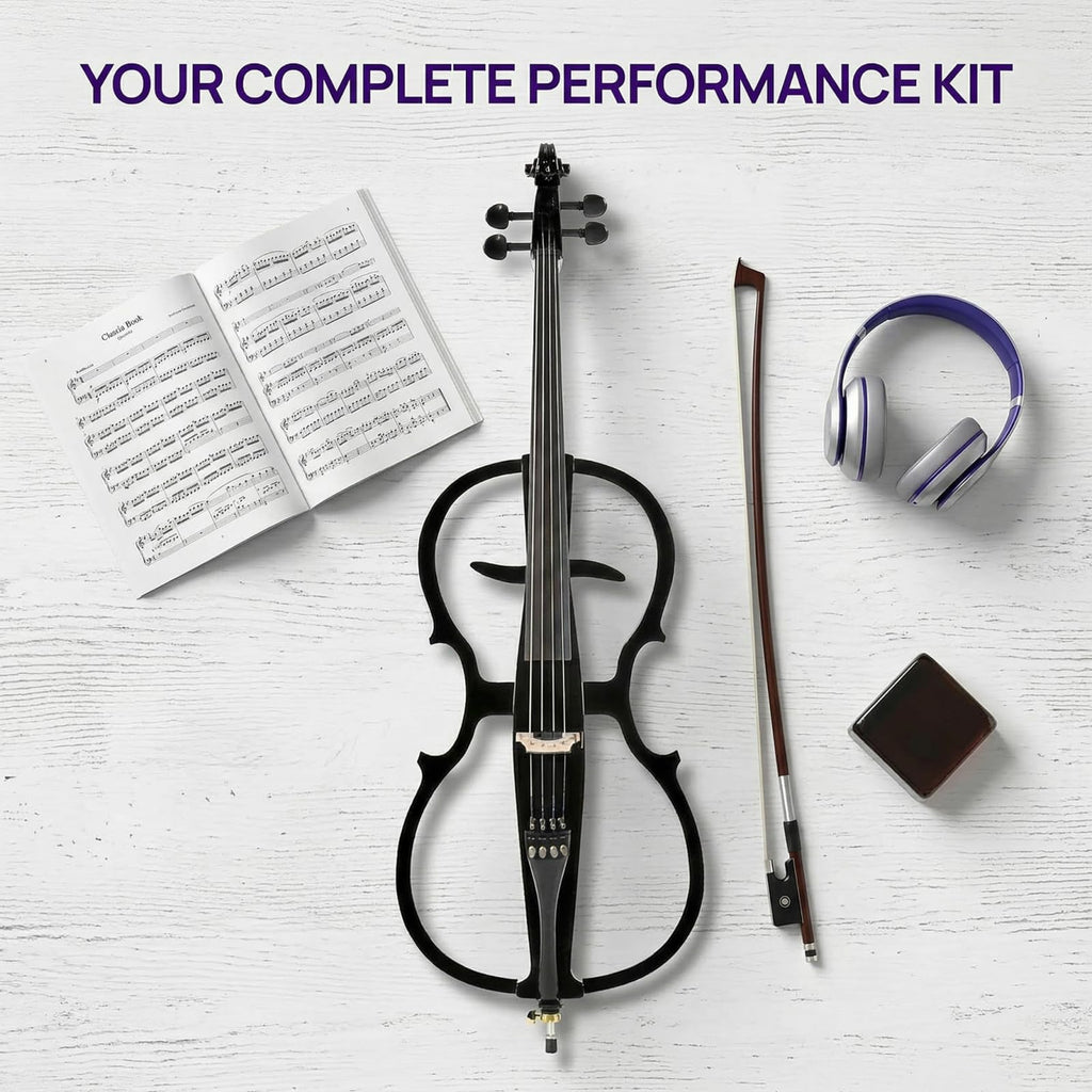 Electric Cello 4/4 Full Size Ebony Fittings with Lightweight Cello Bag, Headphones, Bow, Bridge, Rosin, Cello for Beginners Adults