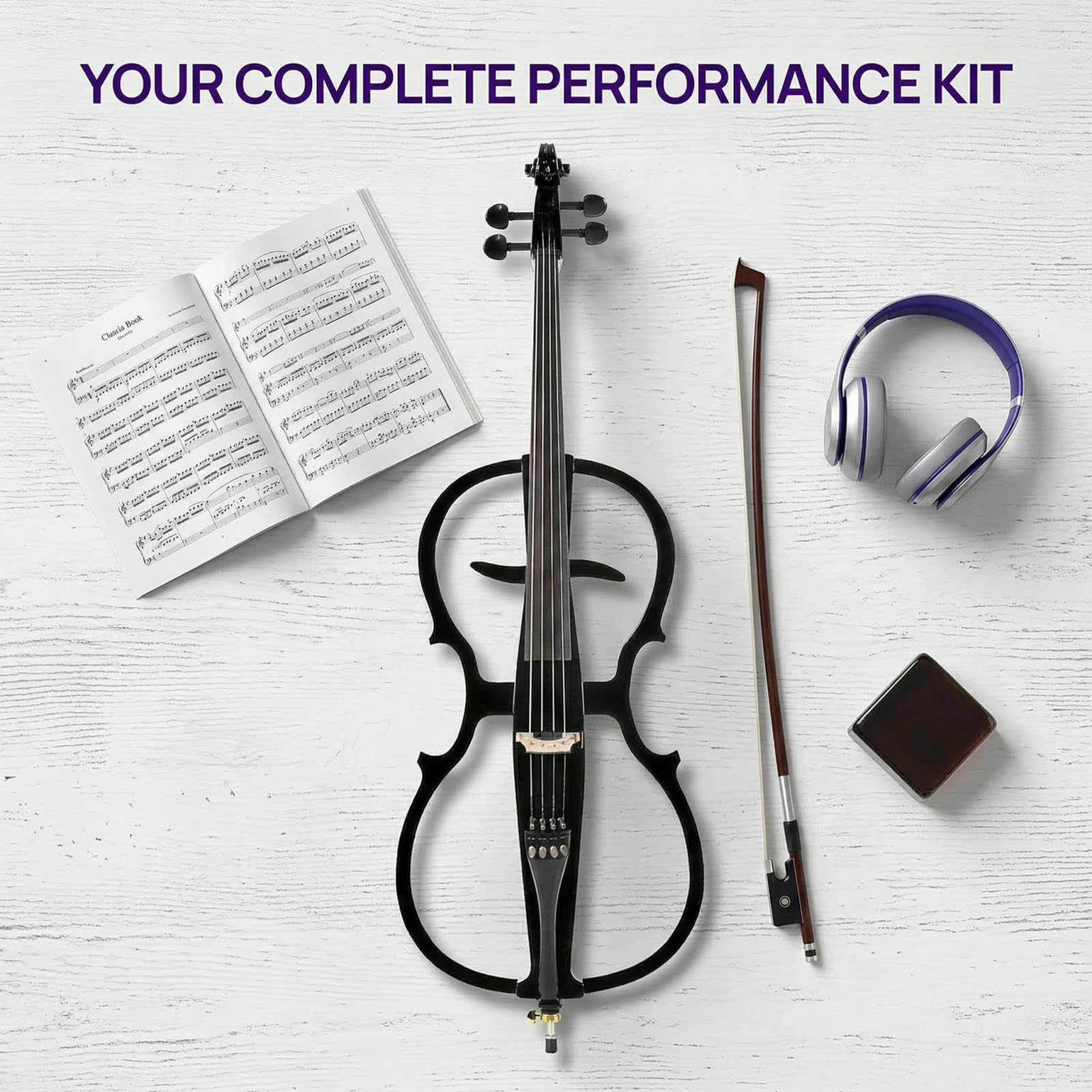 Electric Cello 4/4 Full Size Ebony Fittings with Lightweight Cello Bag, Headphones, Bow, Bridge, Rosin, Cello for Beginners Adults