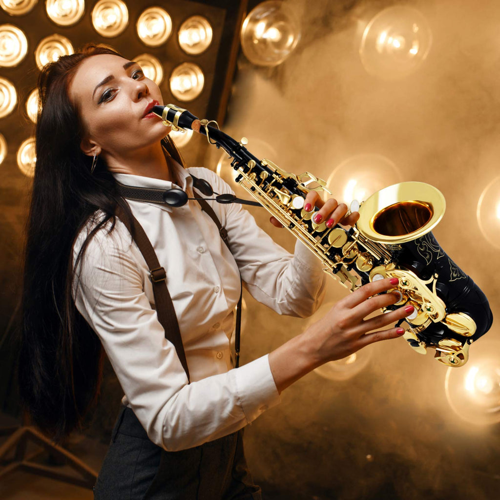 EASTROCK Soprano Saxophone Curved Bb Flat Black Sax Instruments for Beginners Intermediate Players with Carrying Case,Mouthpiece,Pads,Reed,Cleaning kit,neck Strap,White Gloves