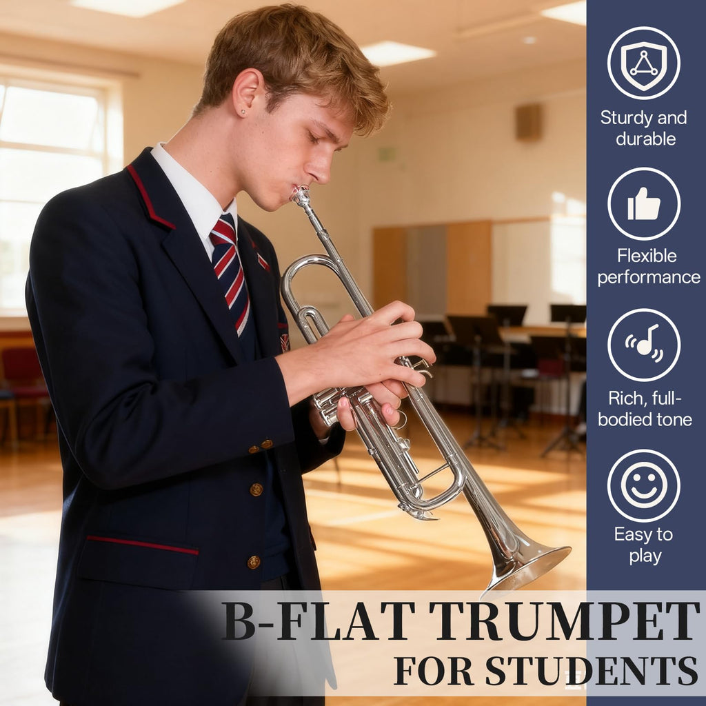 Kmise Bb Standard Trumpet, Premium Brass Trumpets for Student Beginner, Trumpet Instrument Set with Upgraded Case, 7C Mouthpiece, Mute, Beginner's Guide Kit, Cleaning Kit (Gold)
