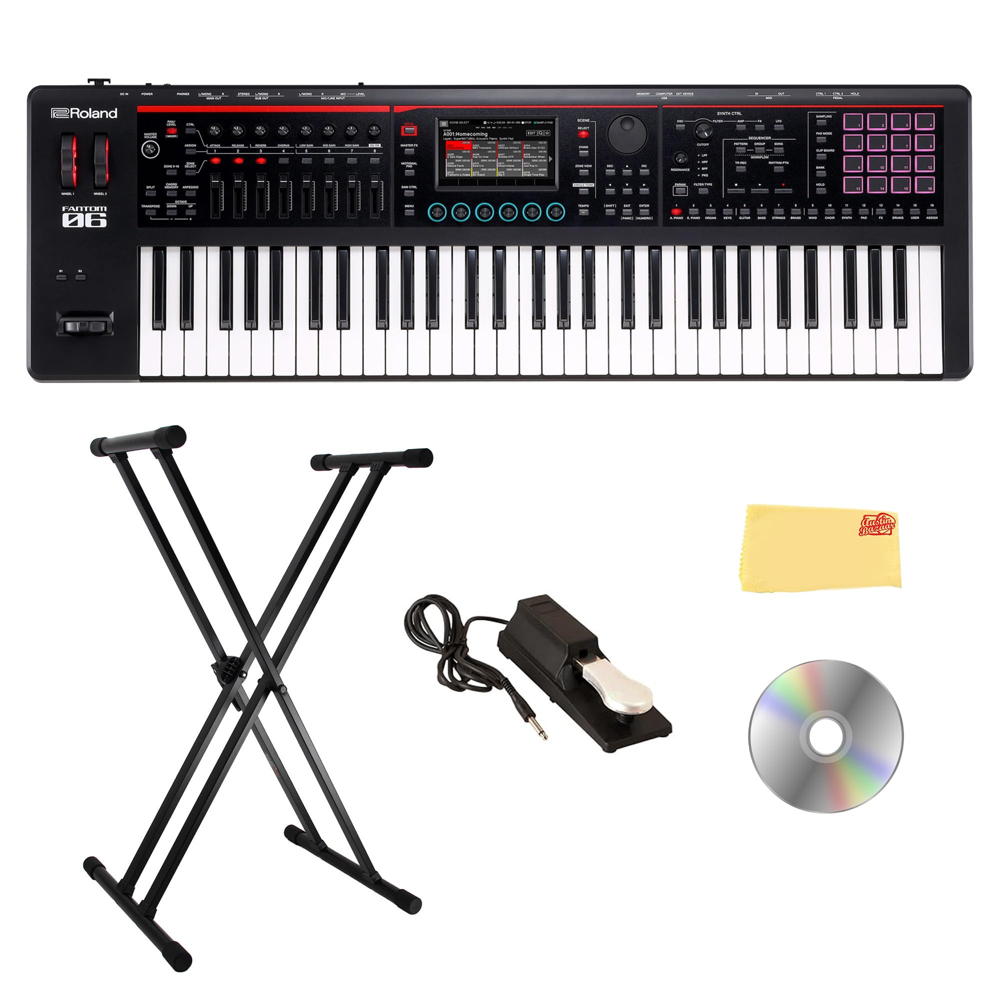 Roland Fantom 8 EX 88-Key Workstation Keyboard Synthesizer Bundle with Adjustable Stand, Sustain Pedal, Online Piano Lessons, Instructional DVD, and Austin Bazaar Polishing Cloth