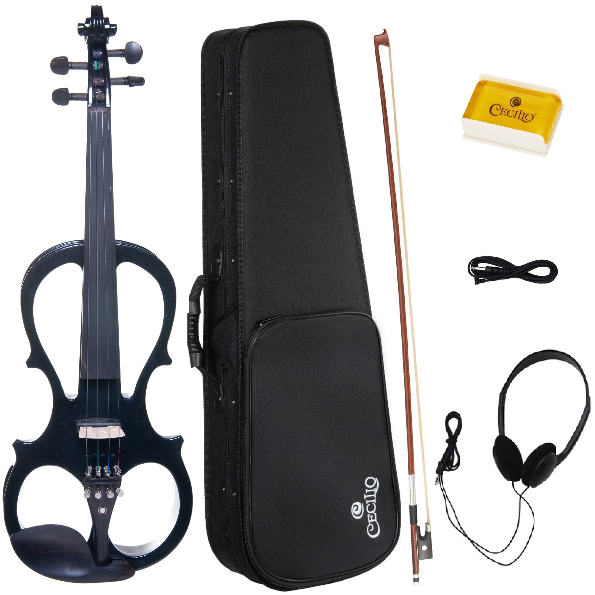 Cecilio Electric Violin 4/4 Full Size Silent Violin Set for Beginner, Solid Maple Wood Silent Violin with Ebony Fittings, Black Metallic