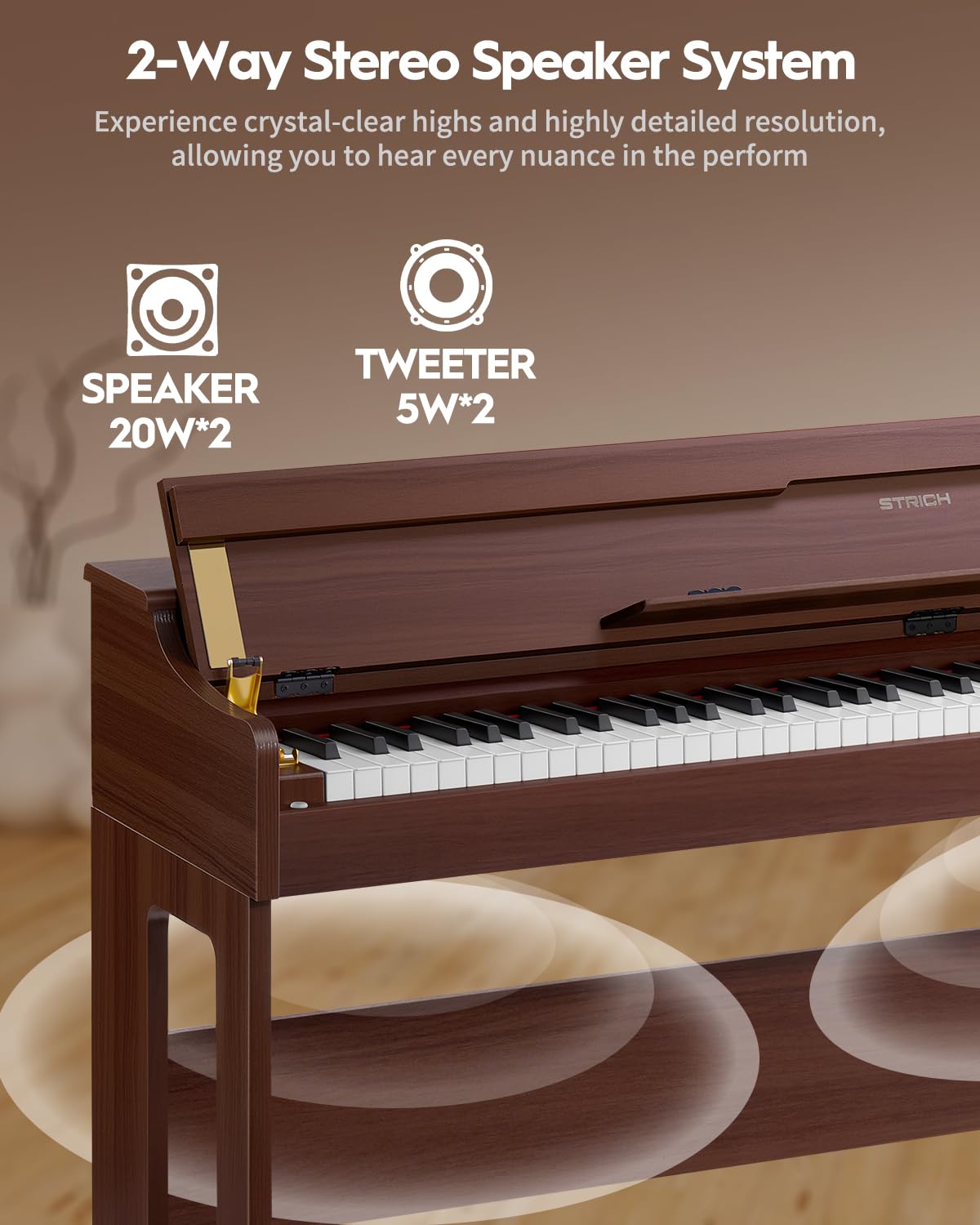 STRICH Digital Piano 88 Keys, Hammer-Action Weighted Keyboard, Full size Electric Piano Keyboard with Furniture Stand, 25Wx2 Speakers, Supports USB-MIDI/Wireless Connect, SDP-300W (Color Walnut Wood)