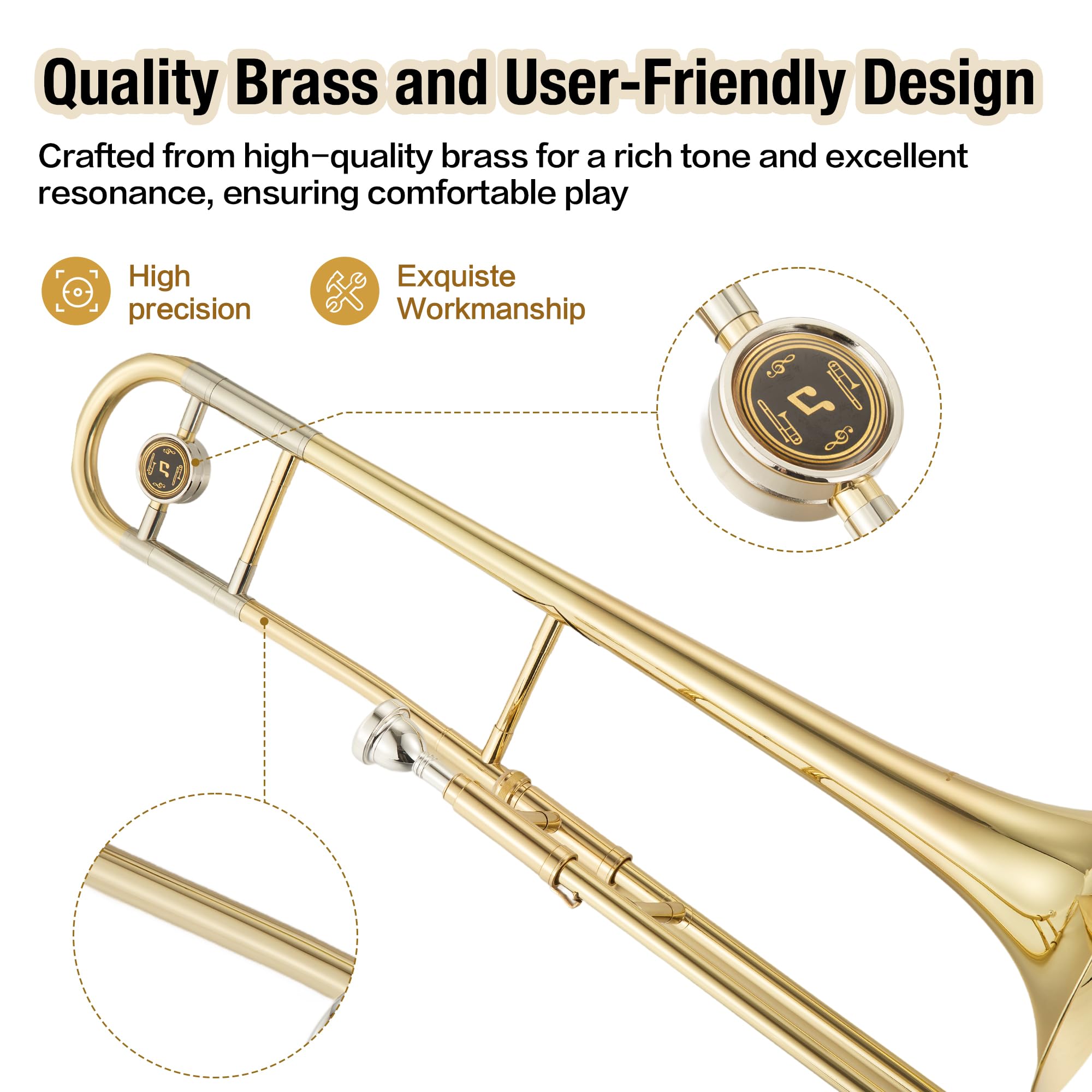B Flat Alto Trombone, Brass Trombone with Gold Laquer, Includes Mouthpiece, Case, Cleaning Cloth, Gloves