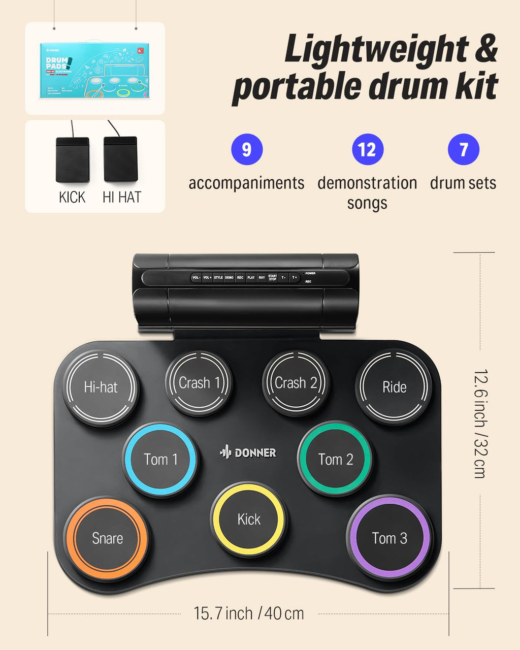 Donner Electronic Drum Set, 7 Pads Electric Drum Pad Roll Up Quiet Drum Pad Built-in Speaker, 40 Drum Lessons Included, Kids Holiday Christmas & Birthday Gift Instrument Toys(DED-20)