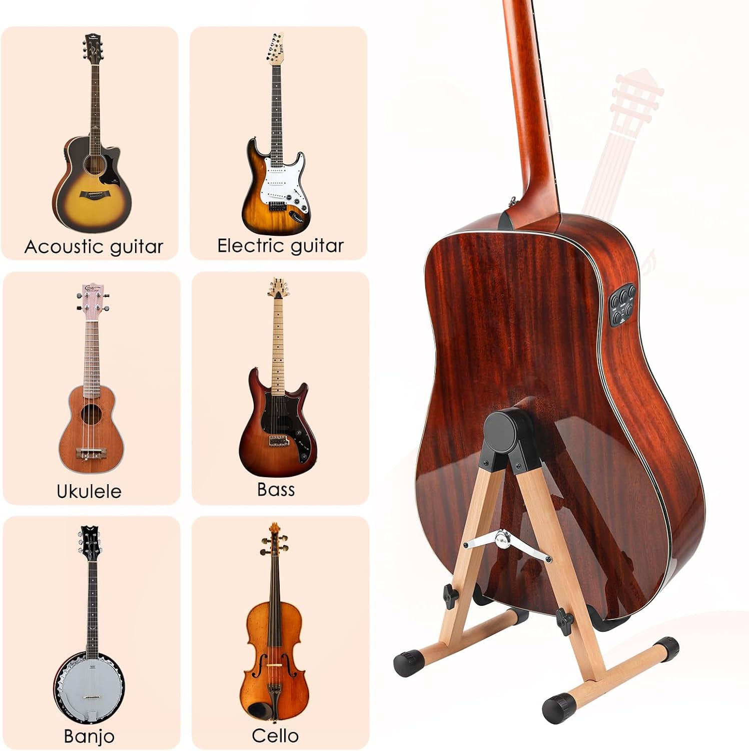 Wood Guitar Stand, A-Frame Folding Wooden Acoustic Electric Floor Guitar Stands with Padding, Stable Musical Instrument Foldable Support Holder, Universal for Ukulele, Bass, Cello, Violin, Banjo, Mandolin