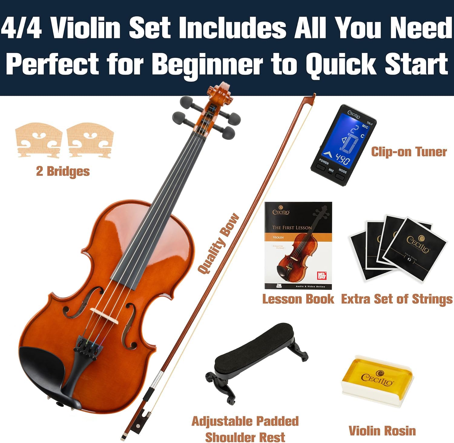 Mendini By Cecilio Violin 4/4 Full Size For Beginners - Fiddle Solidwood Kit with Hard Case - Acoustic Violins with Bow, Rosin, Tuner, Extra Strings & Bridge, Shoulder Rest and Lesson Book (Varnish)