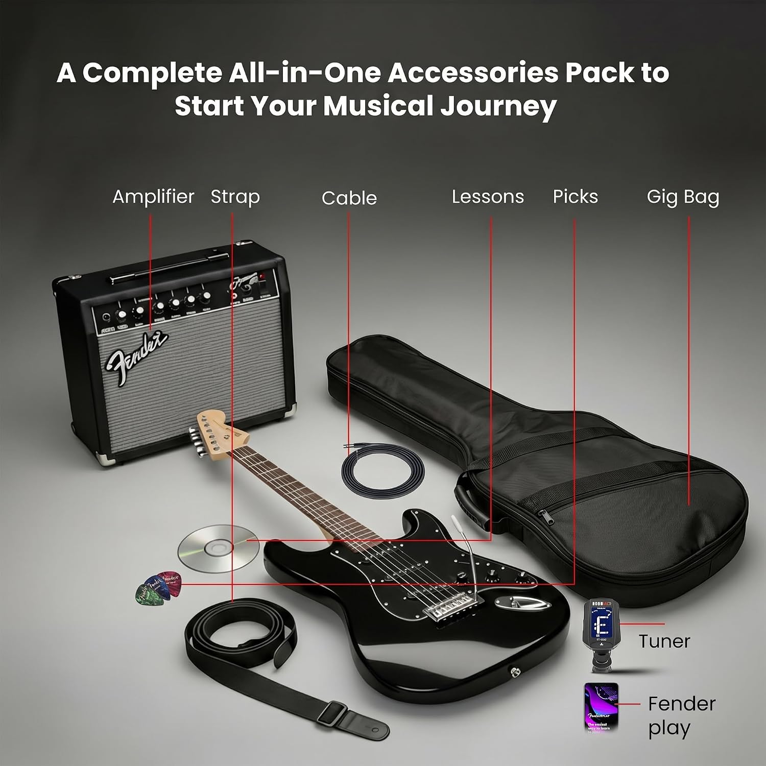 Fender Squier Affinity Stratocaster HSS Pack - Charcoal Frost Metallic Bundle with Frontman 10G Amplifier, Cable, Gig Bag, Tuner, Strap, Picks, and Austin Bazaar Instructional DVD