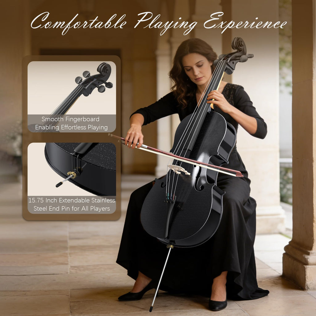 Full Size Cello Kit, Acoustic Cello Instrument for Adults,Beginners,Students,Complete Cello 4/4 Set with Portable Bag, Bow, Rosin (Black)