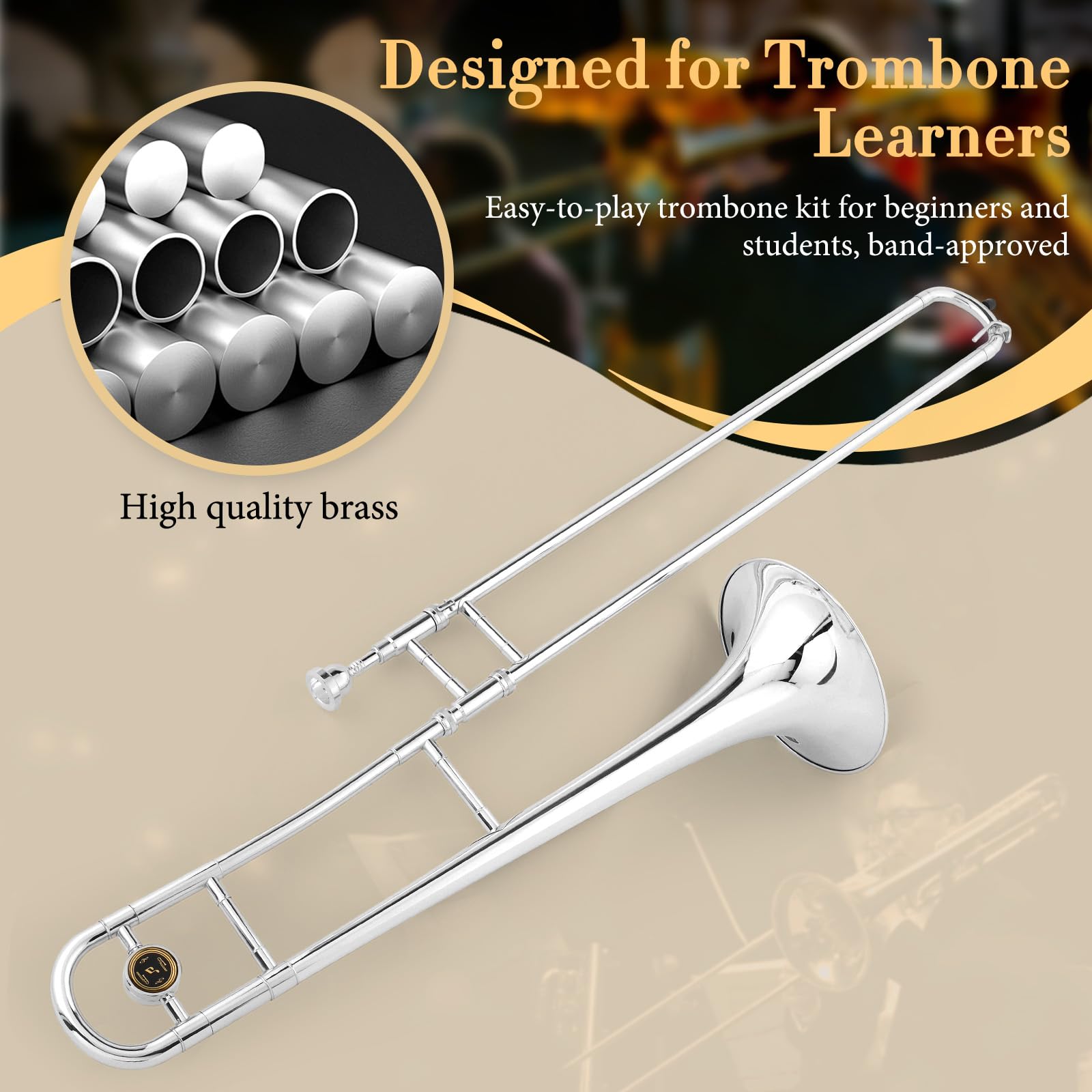 Ktaxon B Flat Tenor Trombone with Mouthpiece, Brass Slide Bb Trombones for Beginners, Portable Instrument Includes Cleaning Cloth, Gloves and Trombone Case (Golden)