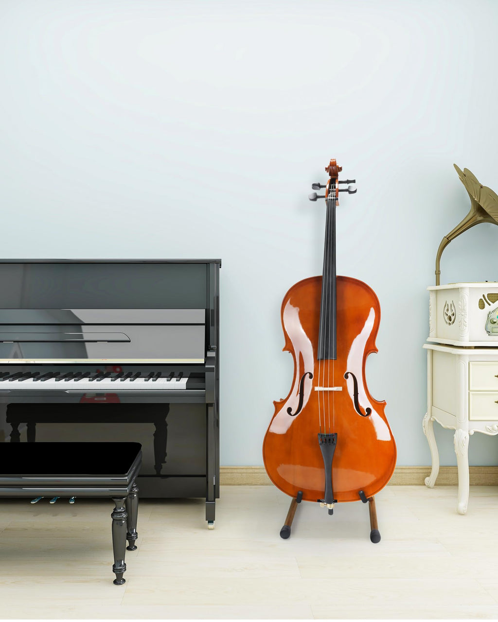 Cello Stand with Bow Holder, Mahogany Wooden A-Shape Floor Stand with Padded Foam, Handcrafted Cello Rack Fits 1/2, 3/4, 7/8, 4/4 Full-Size and Guitar, Instrument Holder for Home and Studio Display