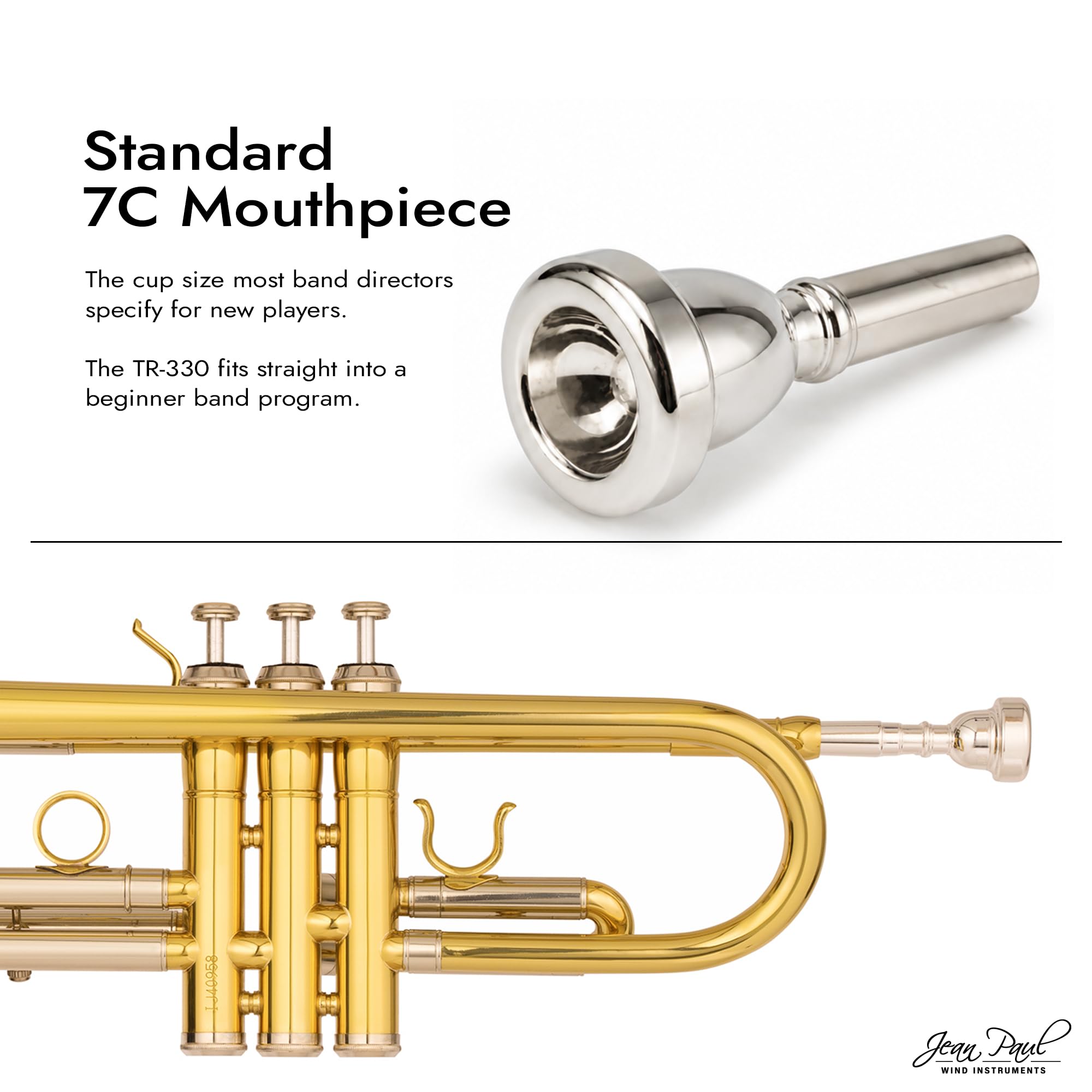 Jean Paul TR-330 Student Bb Trumpet, Two-Piece Yellow Brass Bell, Stainless Steel Valves, U.S. Play-Tested, Gold Lacquer Finish, 7C Mouthpiece and Semi-Hard Case Included