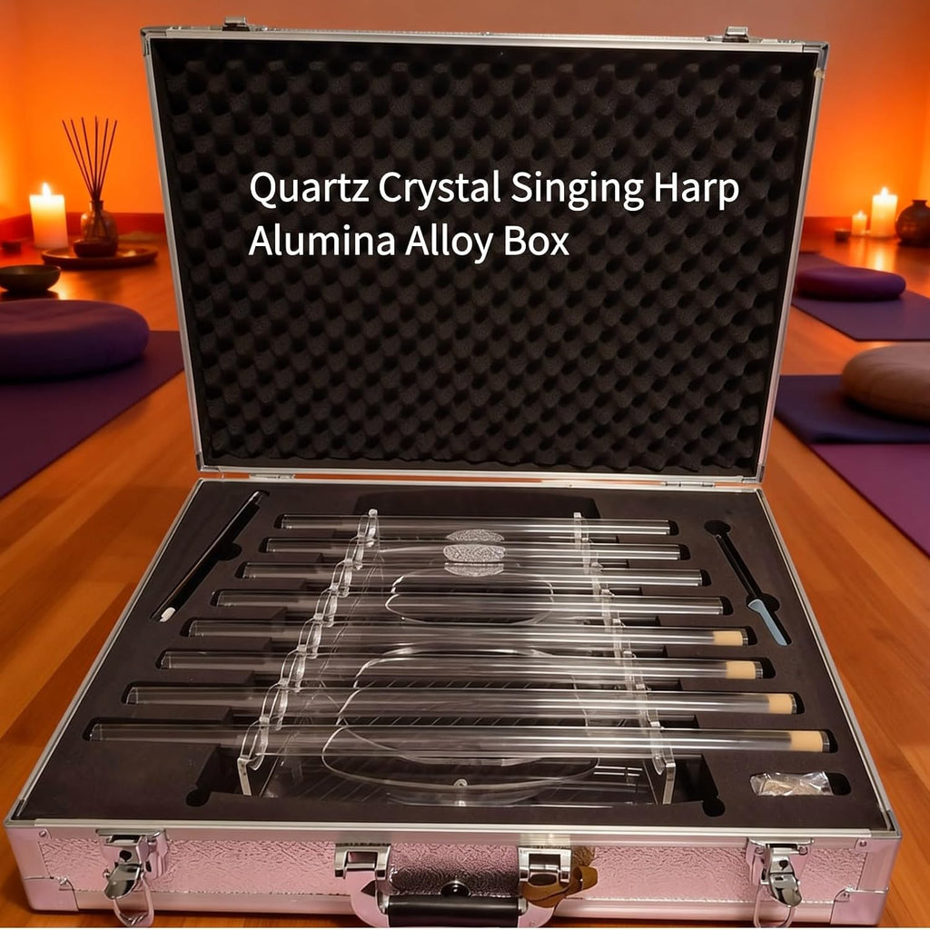 ENERGYSOUND 432Hz Quartz Crystal Singing Harp for Sound Therapy, Flower of Life Design, 8 Tubes with Aluminum Alloy Storage Box