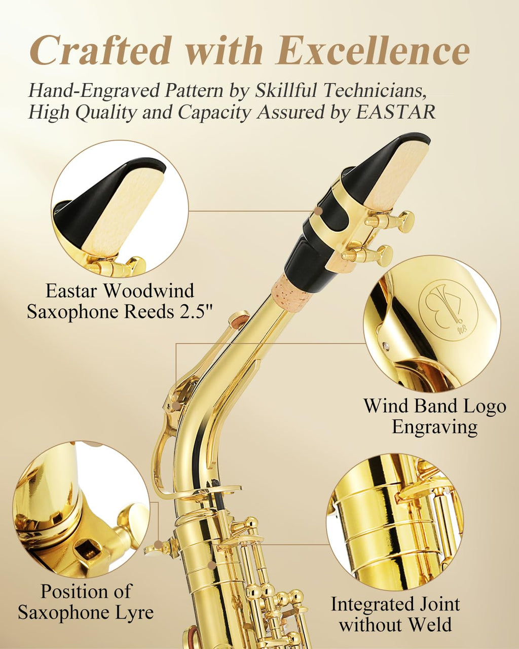 Eastar Student Alto Saxophone E Flat for Beginner Sax Full Kit with Carrying Case, Mouthpiece, Straps, Reeds, Stand, Golden Lacquer, AS-Ⅱ