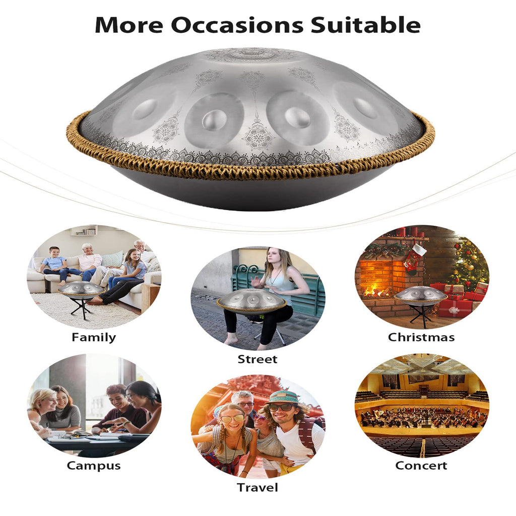 Handpan Drum 22 Inches D Minor Kurd, 432Hz 10 Notes Hand Drum Instrument, Premium Steel Drum, Handpan Instrument for Adults (Gold)