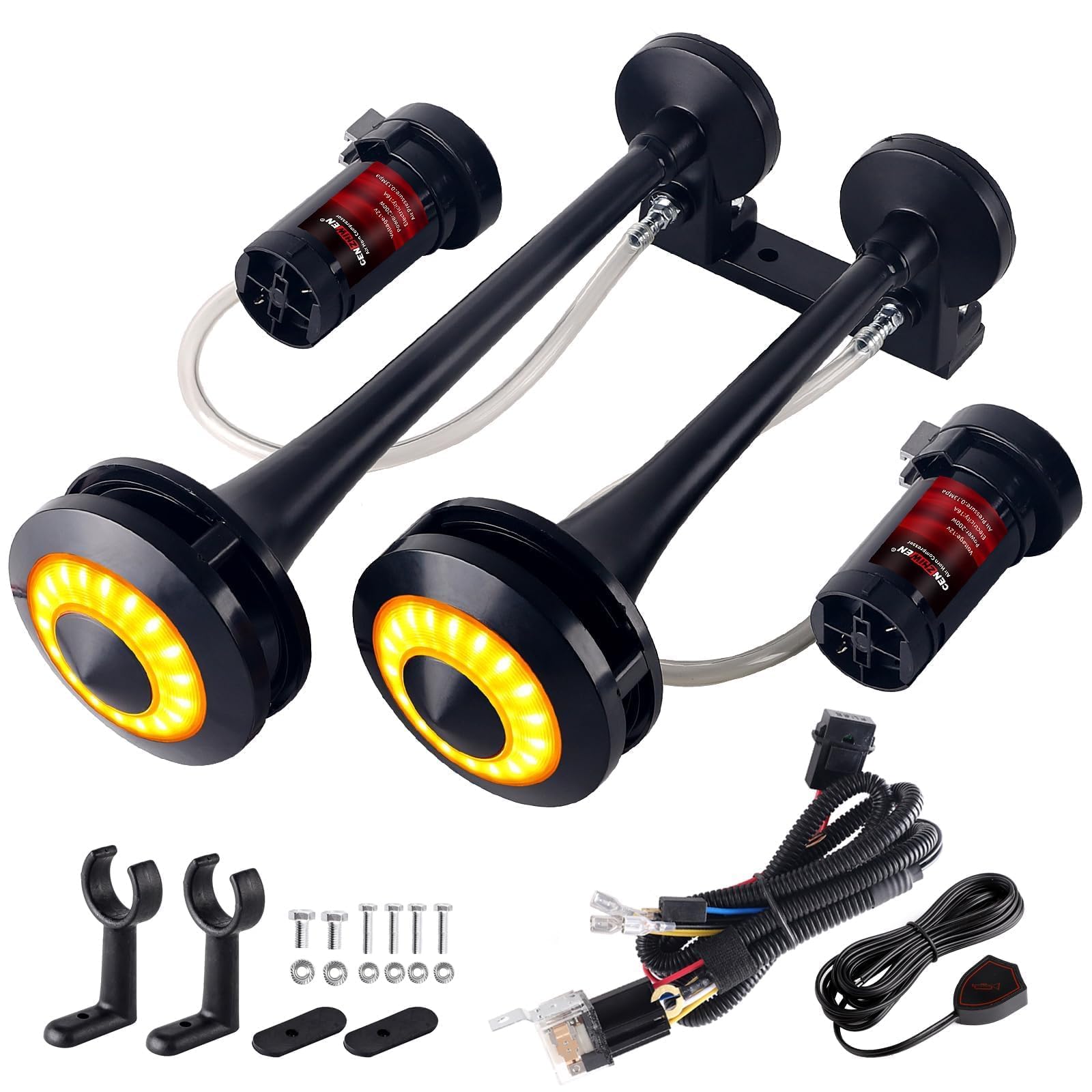 Dual 2-Trumpet Metal Air Horn for truck Kit with 2 air Compressors,12V 150dB Ultra Loud impact train car horn moto horn is suitable for pickup/SUV/Boat (Two-tube integrated)