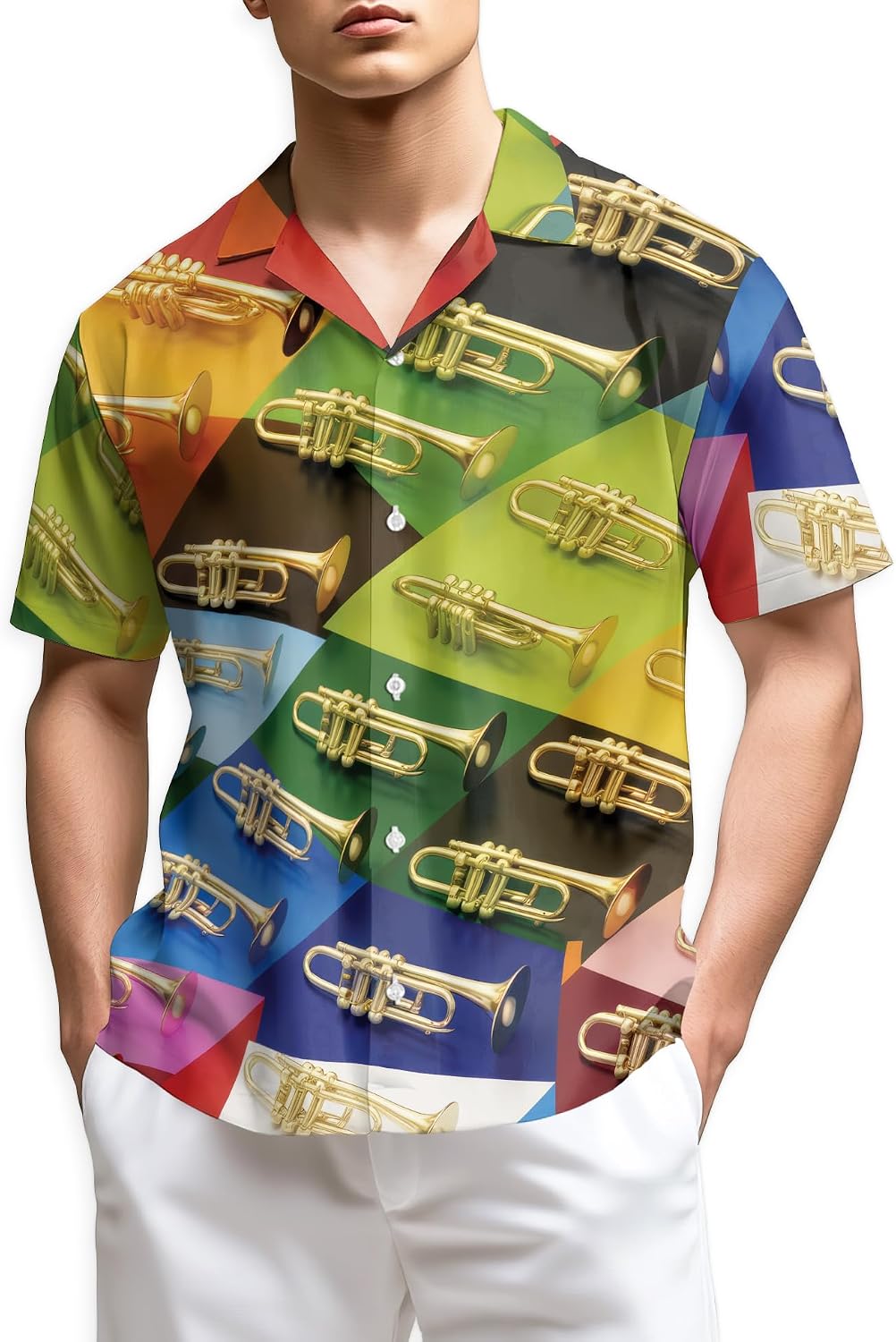 Trombone Pattern Hawaiian Shirt for Men, Summer Vacation Button Down Shirt, Aloha Beach Short Sleeve Shirt, S-5XL