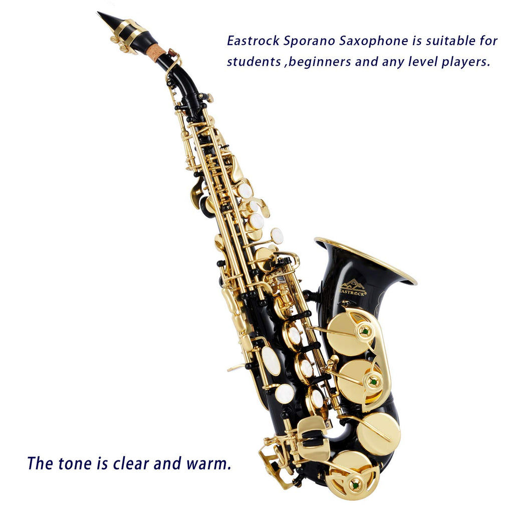 EASTROCK Soprano Saxophone Curved Bb Flat Black Sax Instruments for Beginners Intermediate Players with Carrying Case,Mouthpiece,Pads,Reed,Cleaning kit,neck Strap,White Gloves
