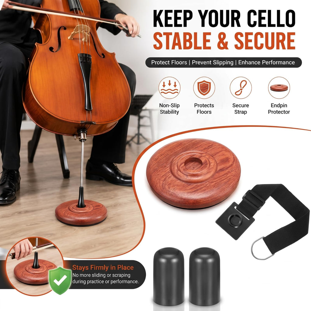 Nuanchu 4 Piece Cello Rock Stop with Strap Non Slip Endpin Anchor Set with Floor Mat, Rubber Tip Protectors for Cello Practice and Performance(Black,Plastic,)