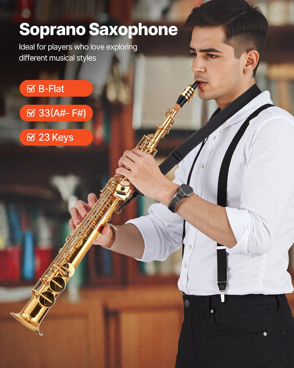 VEVOR Tenor Saxophone, B Flat, Professional Brass Saxophone Beginner Kit with Carrying Case, Mouthpiece, Straps, Cleaning Cloth, Gloves, Neck Strap, 23 Keys Tenor Sax Kit, for Beginners Students, Gold