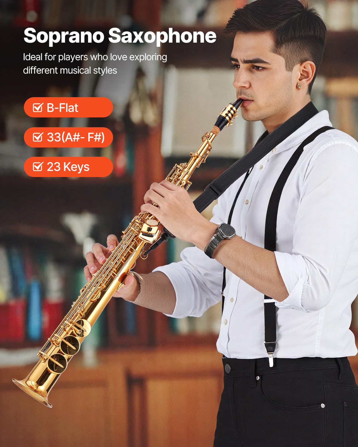 VEVOR Tenor Saxophone, B Flat, Professional Brass Saxophone Beginner Kit with Carrying Case, Mouthpiece, Straps, Cleaning Cloth, Gloves, Neck Strap, 23 Keys Tenor Sax Kit, for Beginners Students, Gold