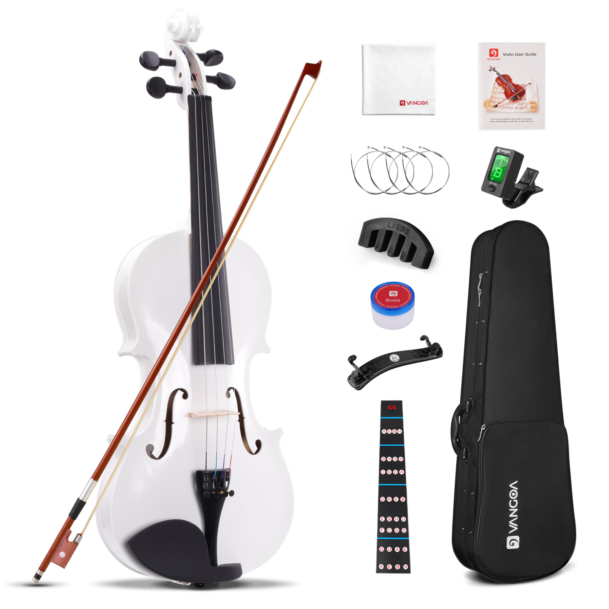Vangoa 4/4 Full Size Beginner Violin Set, Acoustic Violin for Adults, Teens and Children over 11, Violin Beginner Set (with Hard Case, Rosin, Shoulder Rest, Bow, Spare Strings, Mutes and Black Set)