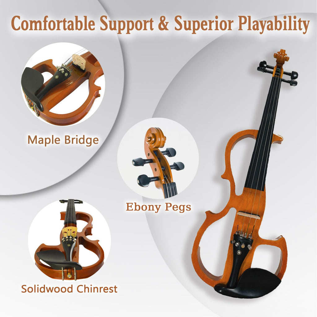 Electric Violin, 4/4 Full Size Solid Silent Fiddle with Ebony Fittings, Silent Electric Violin Kit for Beginner Students (Mahogany)