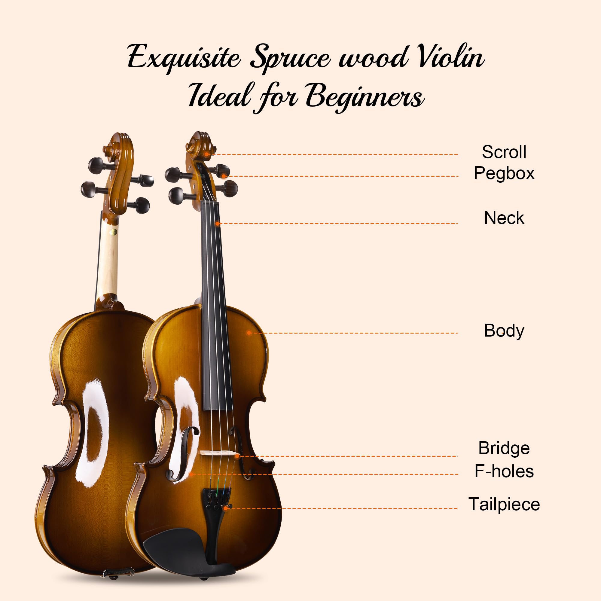 ADM Acoustic Violin for Beginner 4/4 Full Size Violin Set Solid Wood Ebony for Adult Teen Student Starter Kit with Hard Case, Shoulder Rest, Bow, Music Stand, Strings, Free Lessons (Sepia, 4/4 Size)