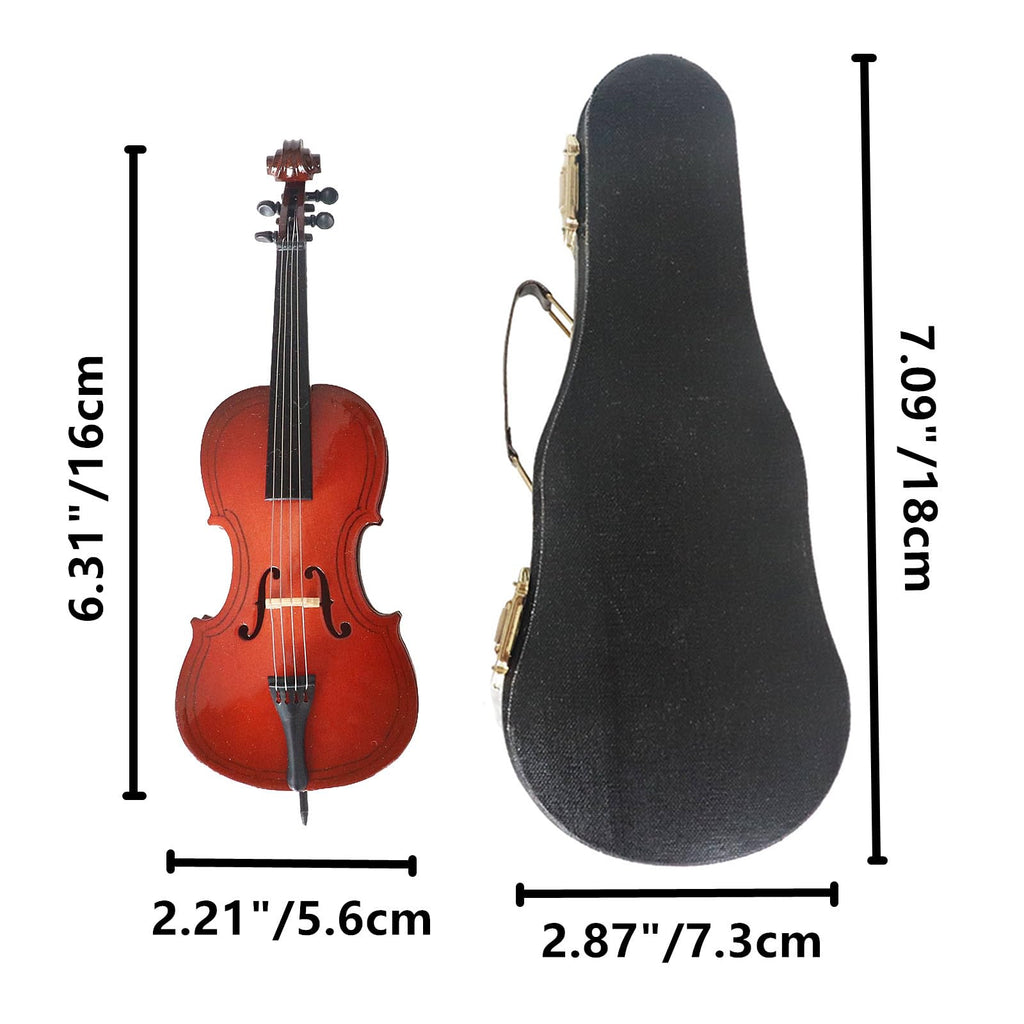 Wooden Miniature Cello with Stand, Bow and Case Mini Musical Instrument Cello Replica Collectible Figurines Dollhouse Accessories Model Home Decoration Display Ornament (5.51"x1.97"x0.63")